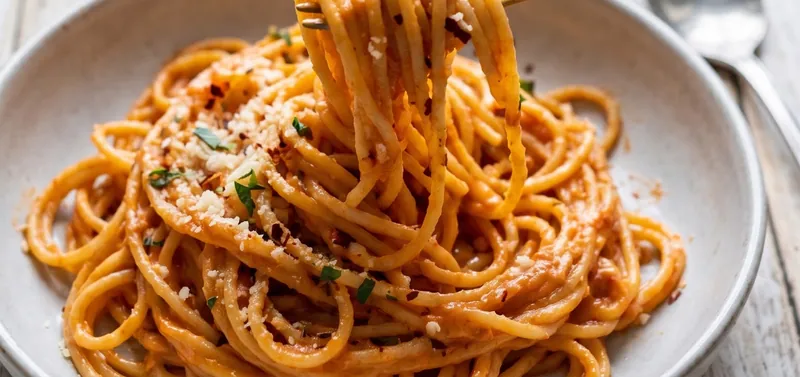 Spicy Creamy Spaghetti with Chili Flakes and Cream, ready to serve
