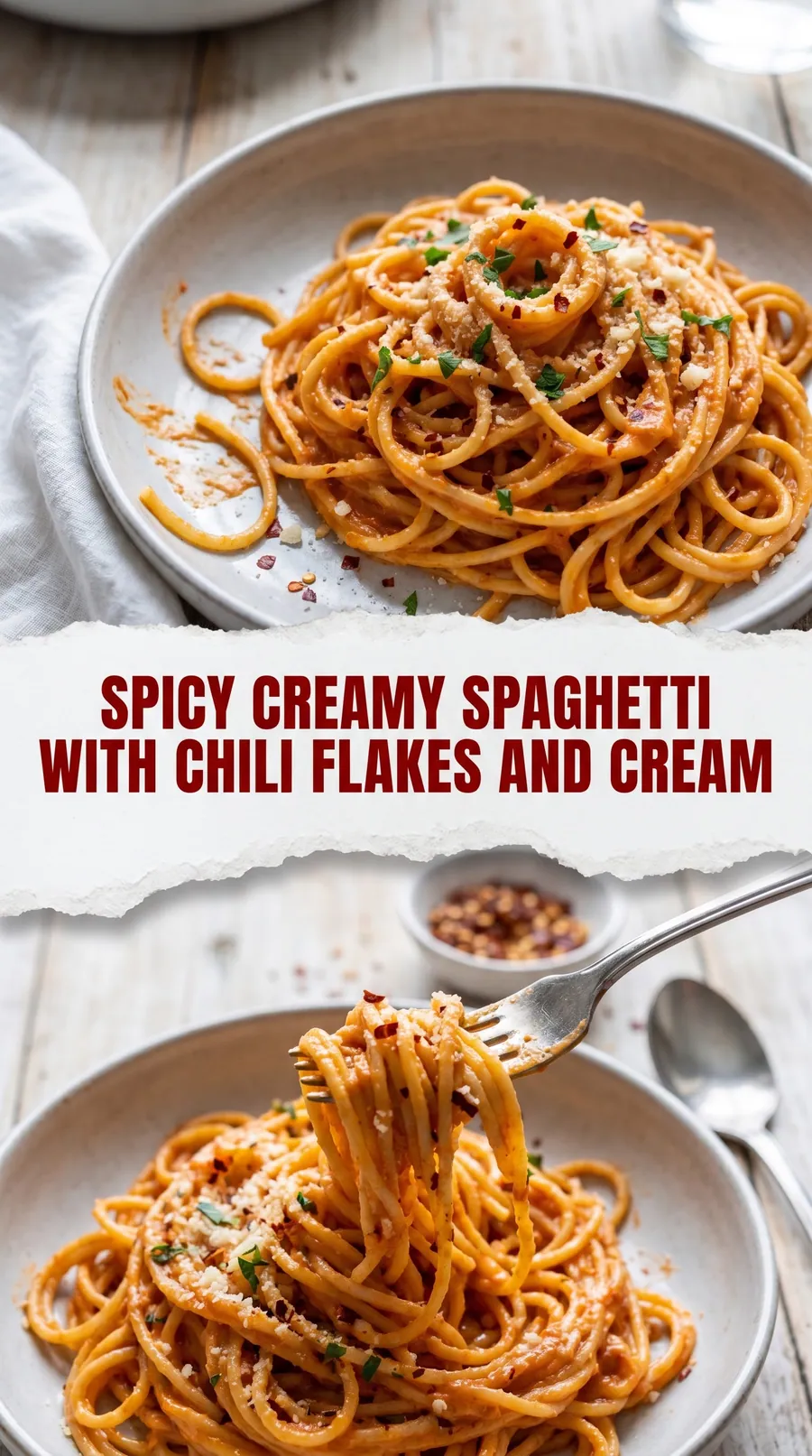 Pinterest image for Spicy Creamy Spaghetti With Chili Flakes And Cream, with two photos of the recipe