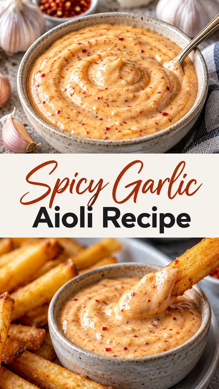 Pinterest image for Spicy Garlic Aioli Recipe, with two photos of the recipe