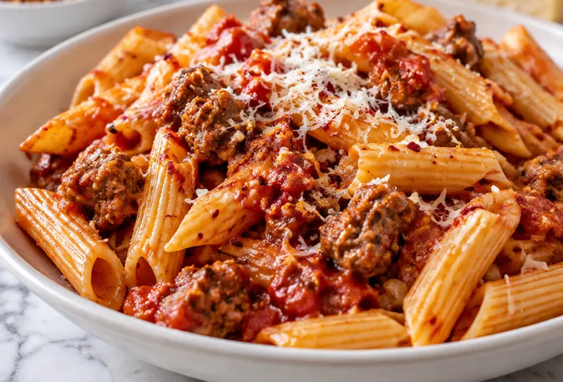 Spicy Italian Sausage Pasta, ready to serve
