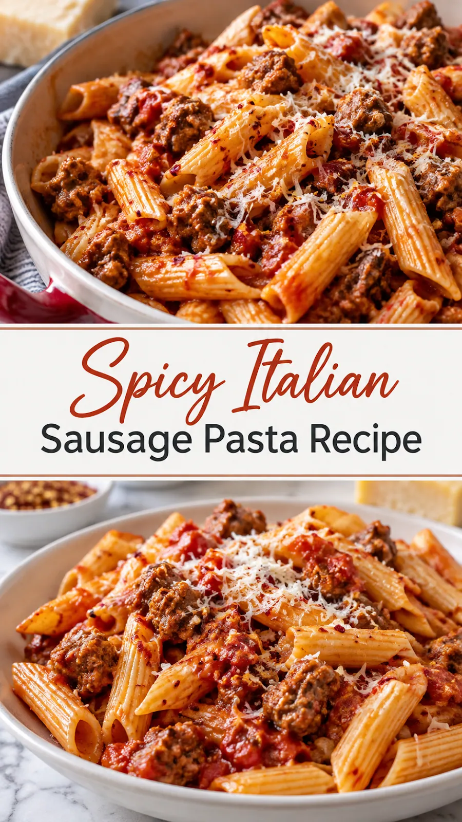 Pinterest image for Spicy Italian Sausage Pasta Recipe, with two photos of the recipe