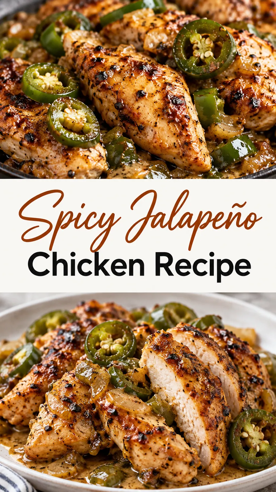 Pinterest image for Spicy Jalapeño Chicken Recipe, with two photos of the recipe