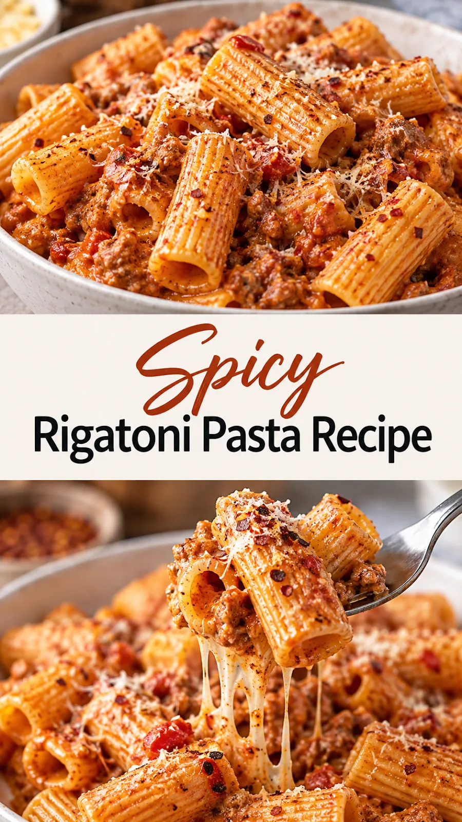 Pinterest image for Spicy Rigatoni Pasta Recipe, with two photos of the recipe