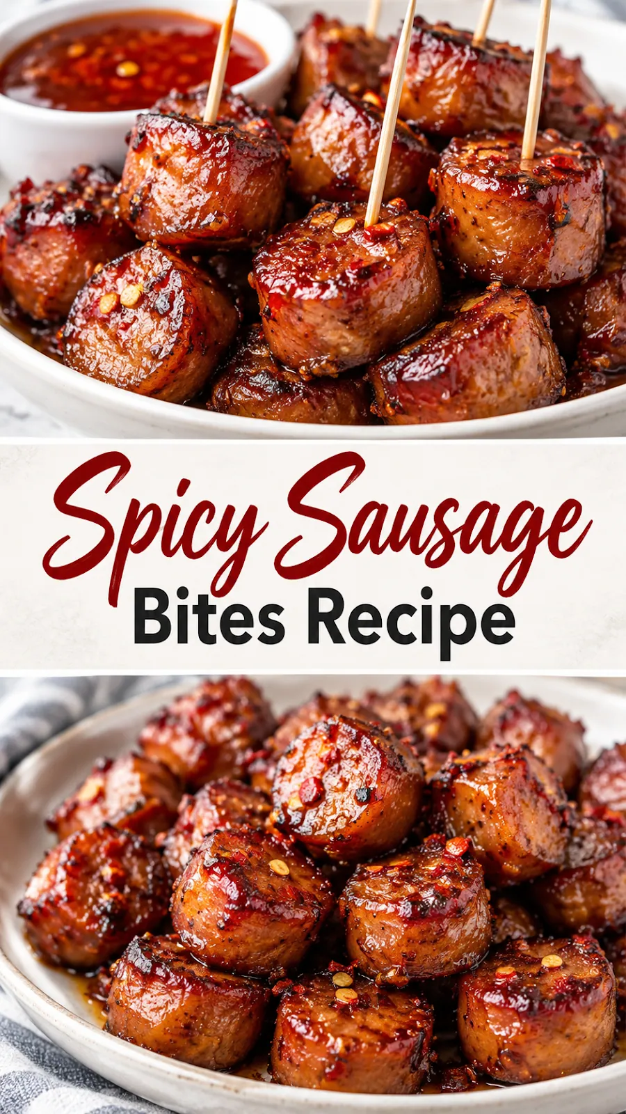 Pinterest image for Spicy Sausage Bites Recipe, with two photos of the recipe