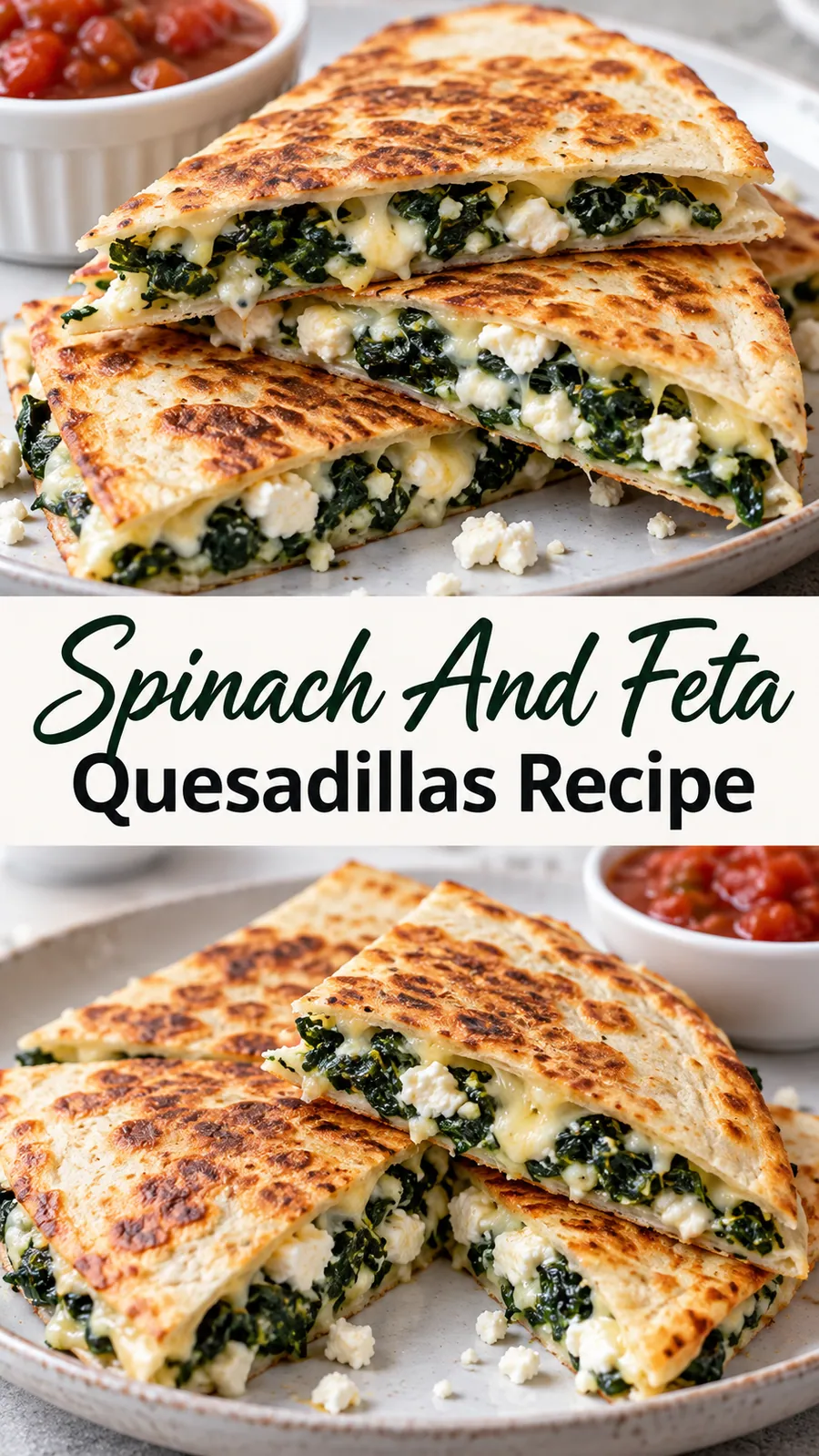 Pinterest image for Spinach And Feta Quesadillas Recipe, with two photos of the recipe