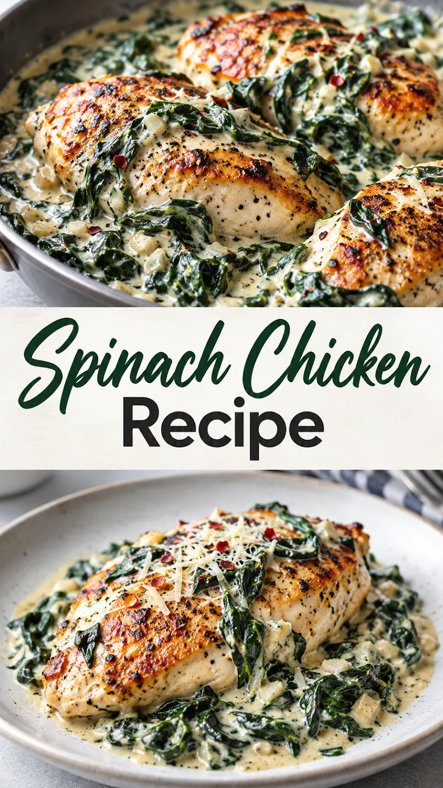 Pinterest image for Spinach Chicken Recipe, with two photos of the recipe