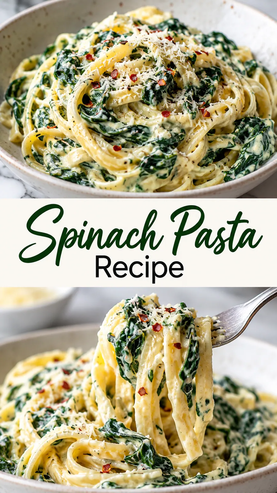 Pinterest image for Spinach Pasta Recipe, with two photos of the recipe