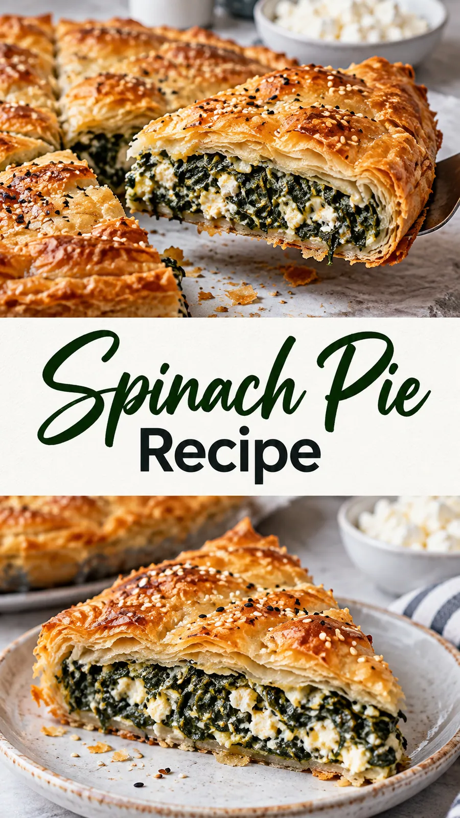 Pinterest image for Spinach Pie Recipe, with two photos of the recipe