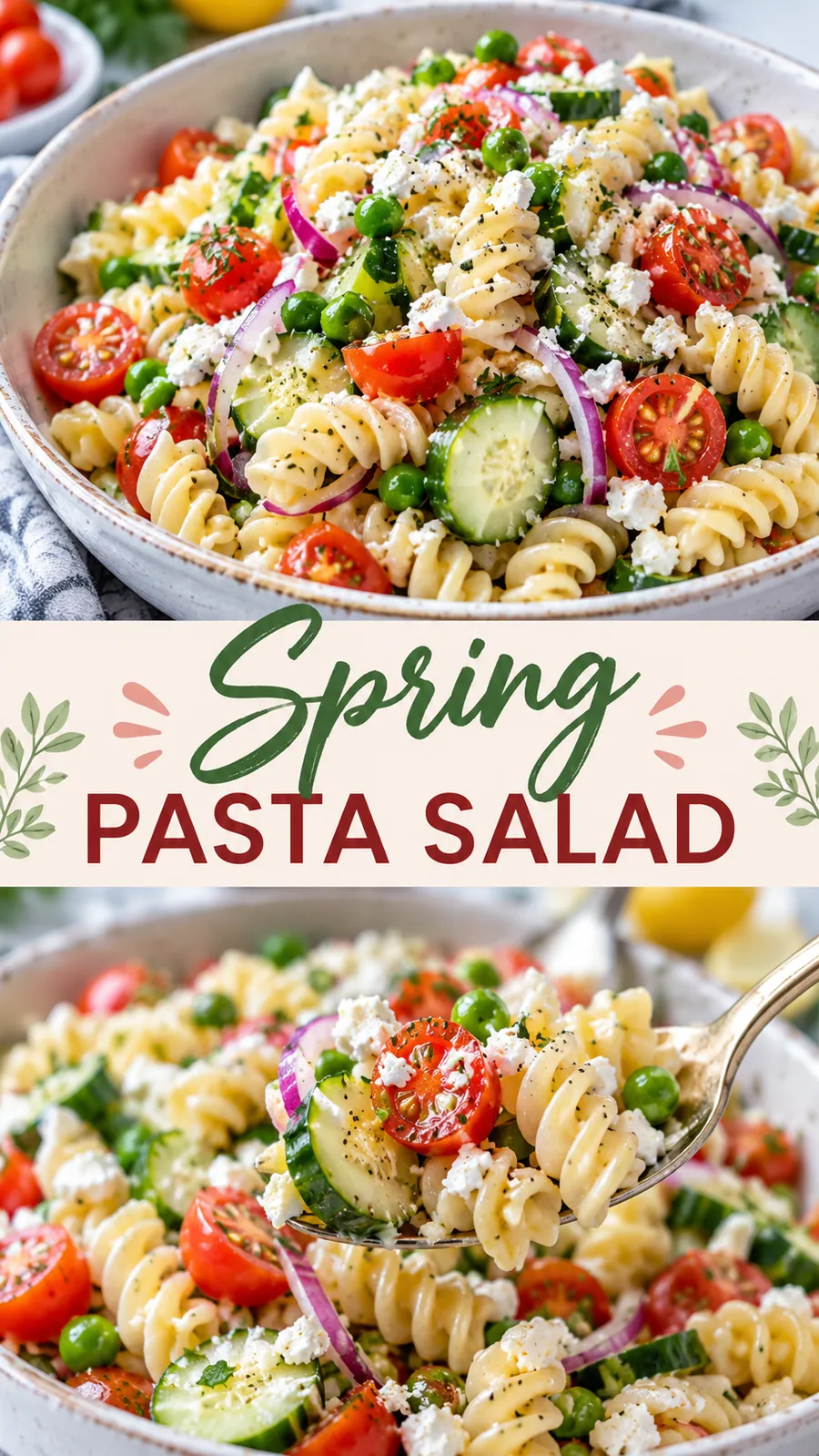 Pinterest image for Spring Pasta Salad, with two photos of the recipe