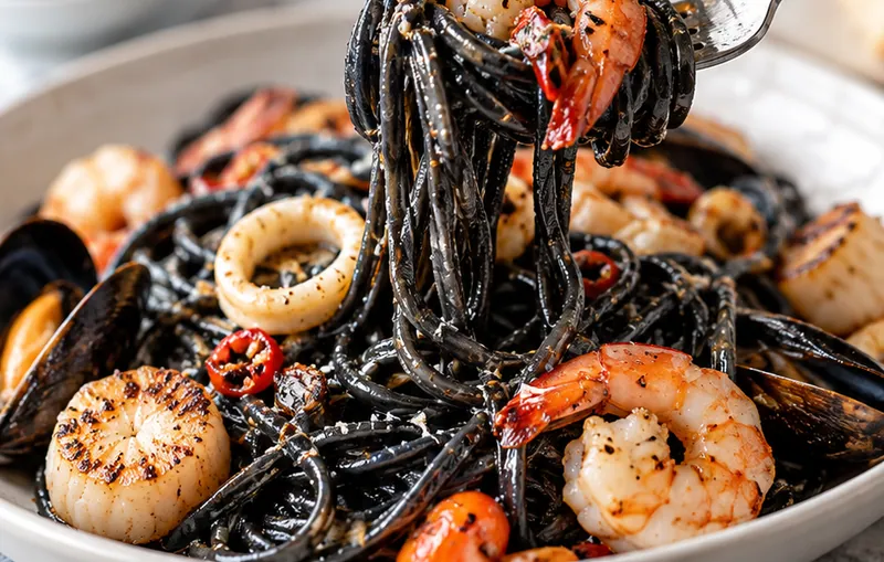 Squid Ink Pasta with Seafood, ready to serve
