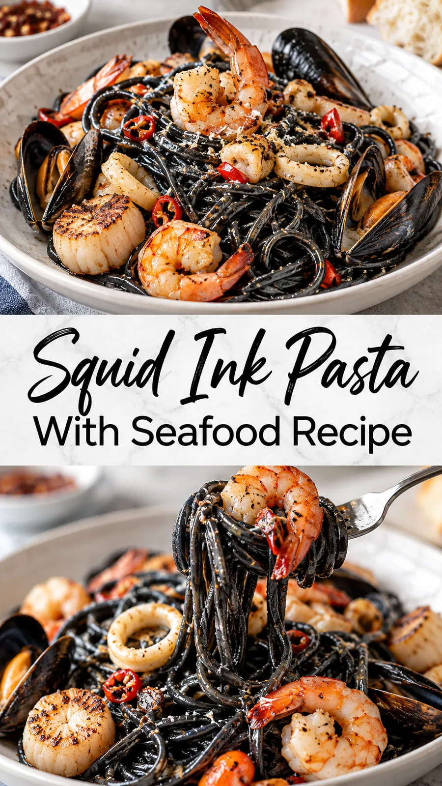 Pinterest image for Squid Ink Pasta With Seafood Recipe, with two photos of the recipe