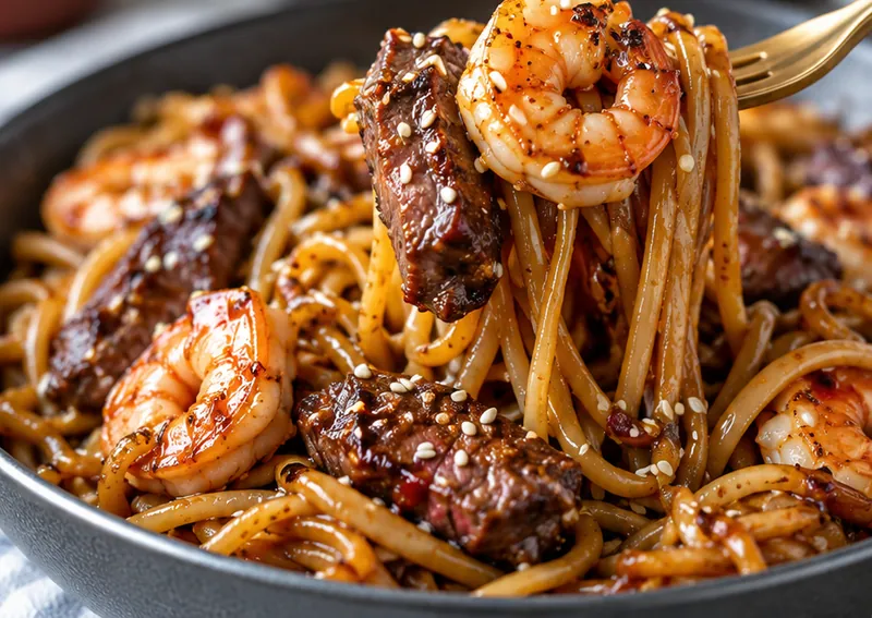 Steak and Shrimp Teriyaki Noodles, ready to serve
