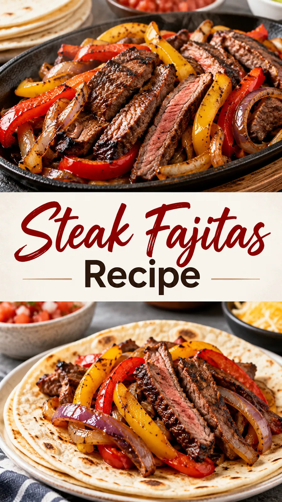 Pinterest image for Steak Fajitas Recipe, with two photos of the recipe