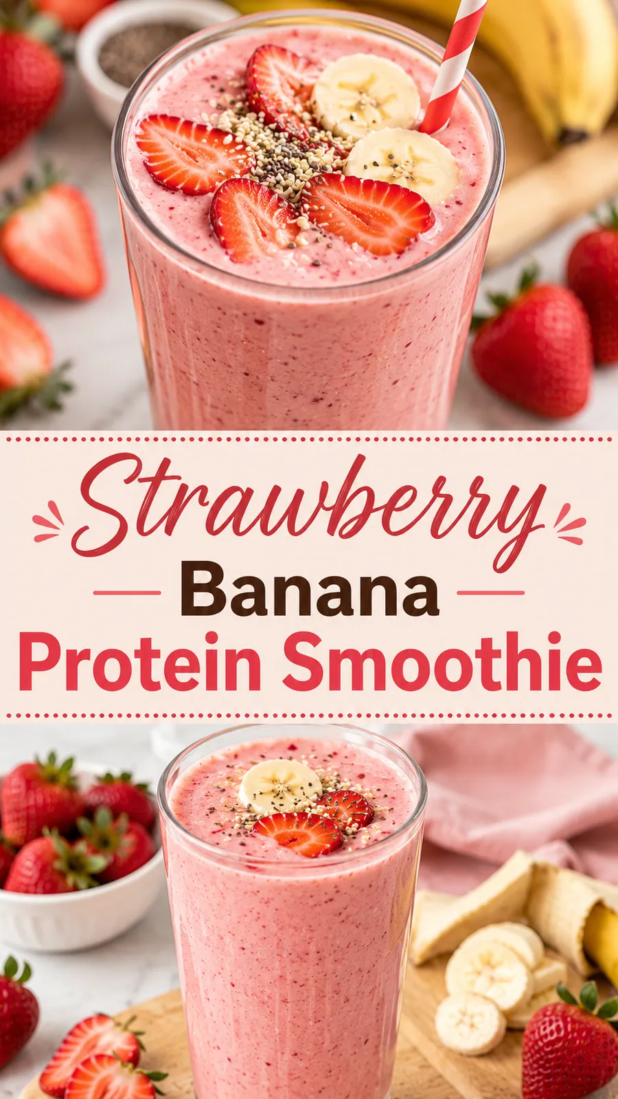 Pinterest image for Strawberry Banana Protein Smoothie Recipe, with two photos of the recipe
