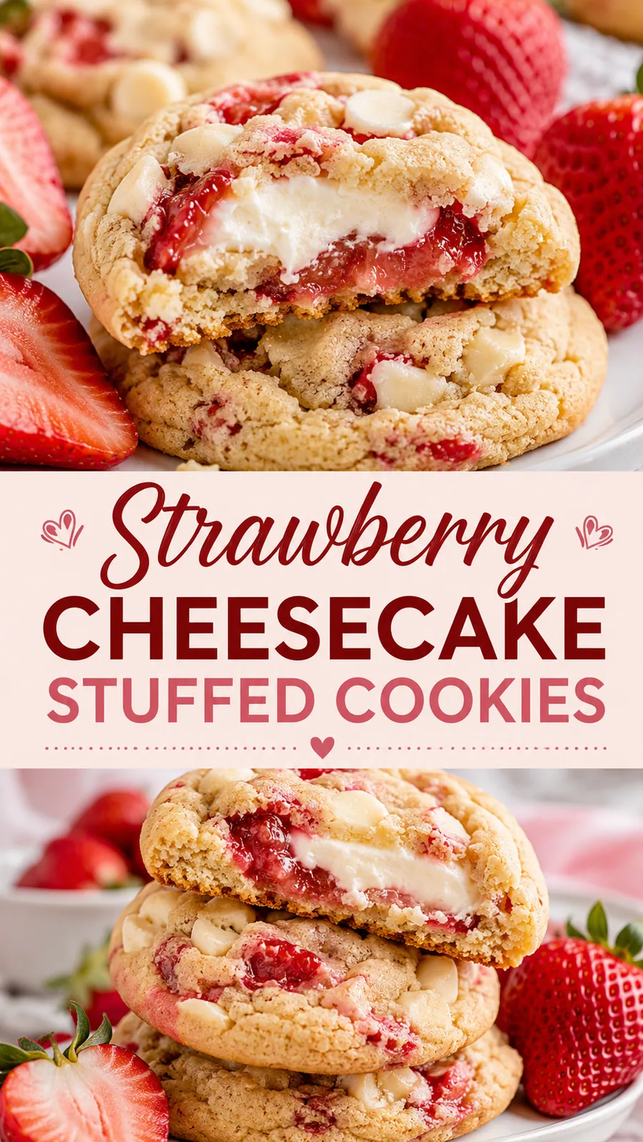 Pinterest image for Strawberry Cheesecake Stuffed Cookies Recipe, with two photos of the recipe