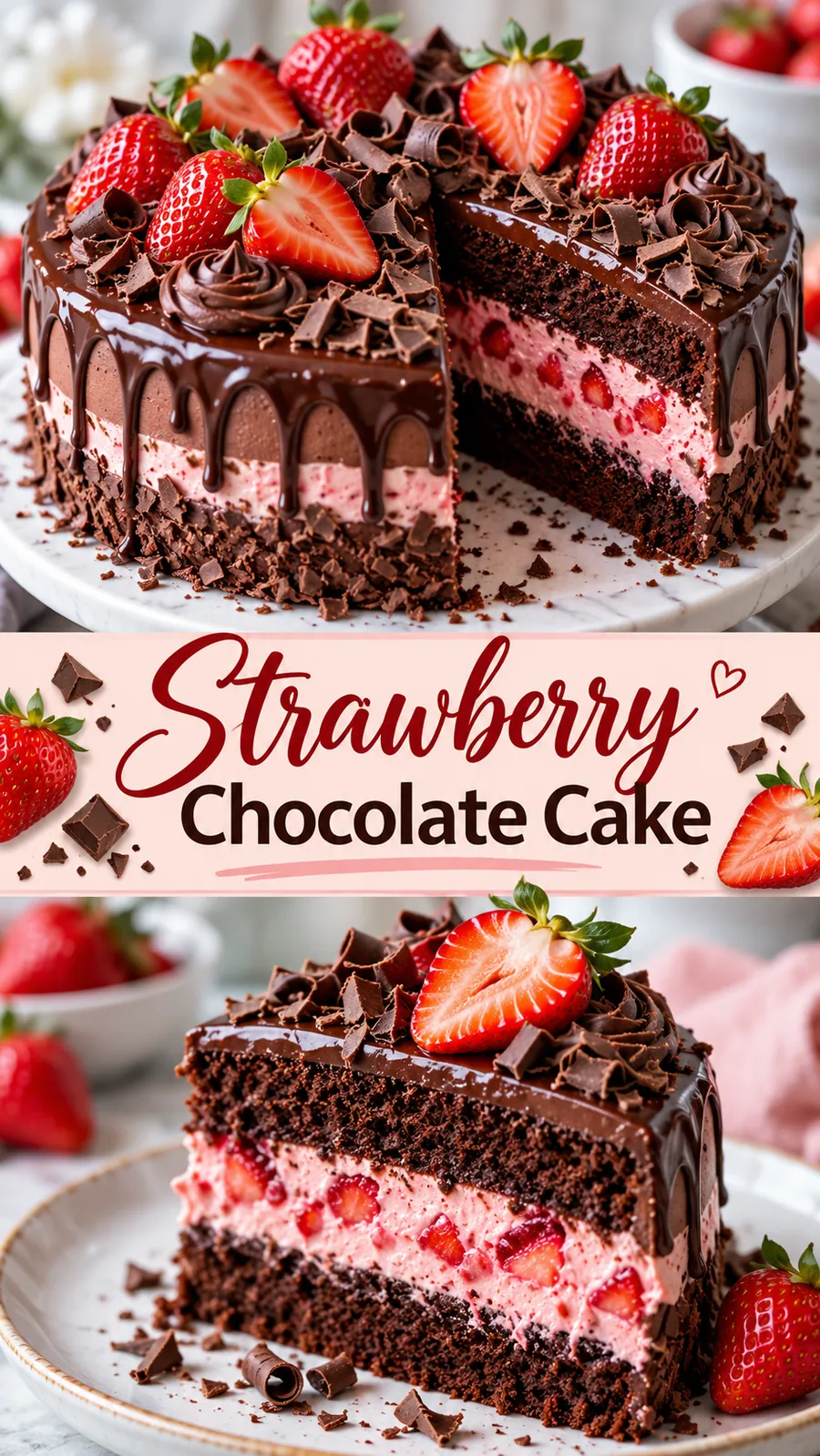 Pinterest image for Strawberry Chocolate Cake, with two photos of the recipe