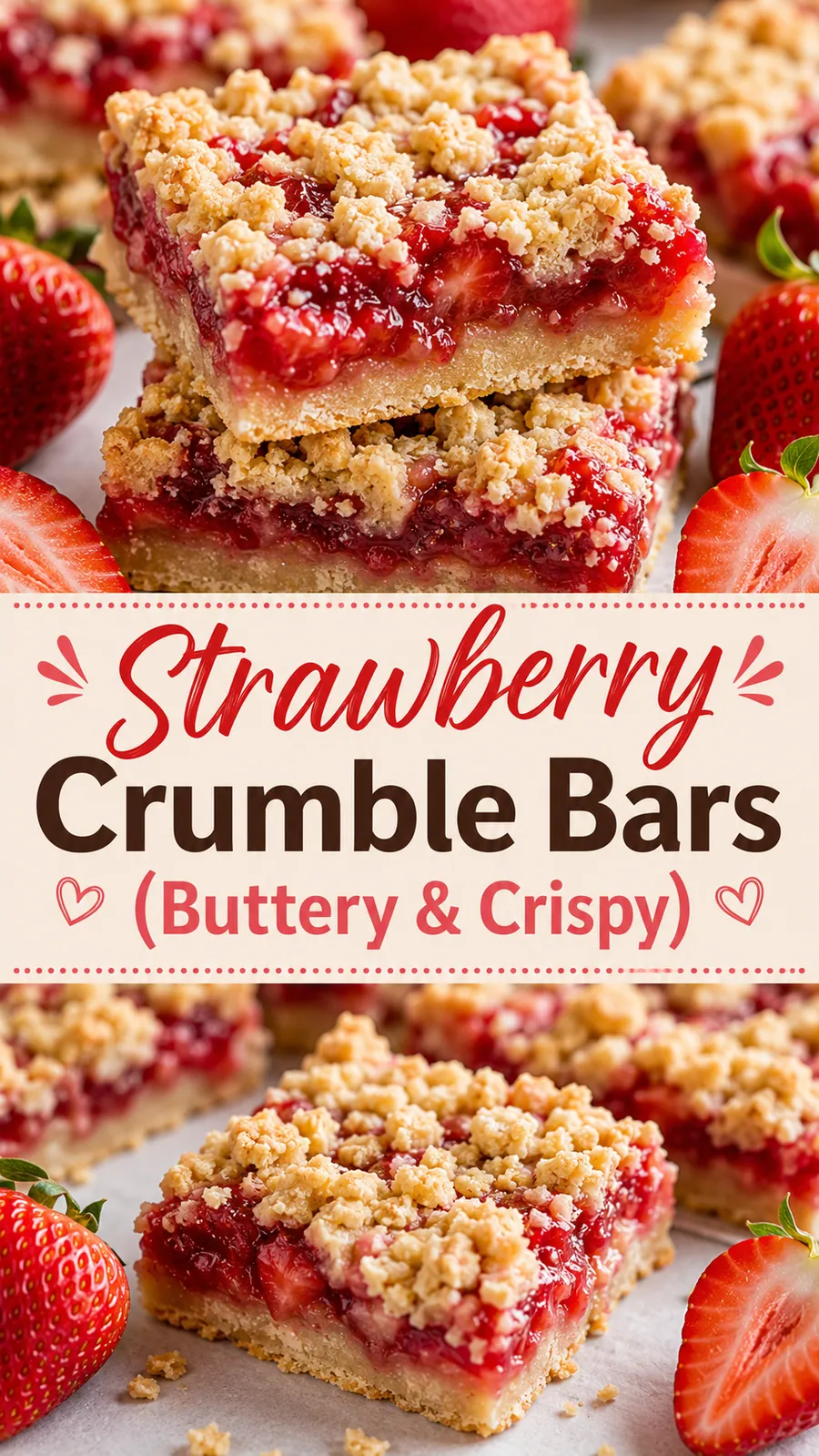 Pinterest image for Strawberry Crumble Bars (Buttery & Crispy), with two photos of the recipe