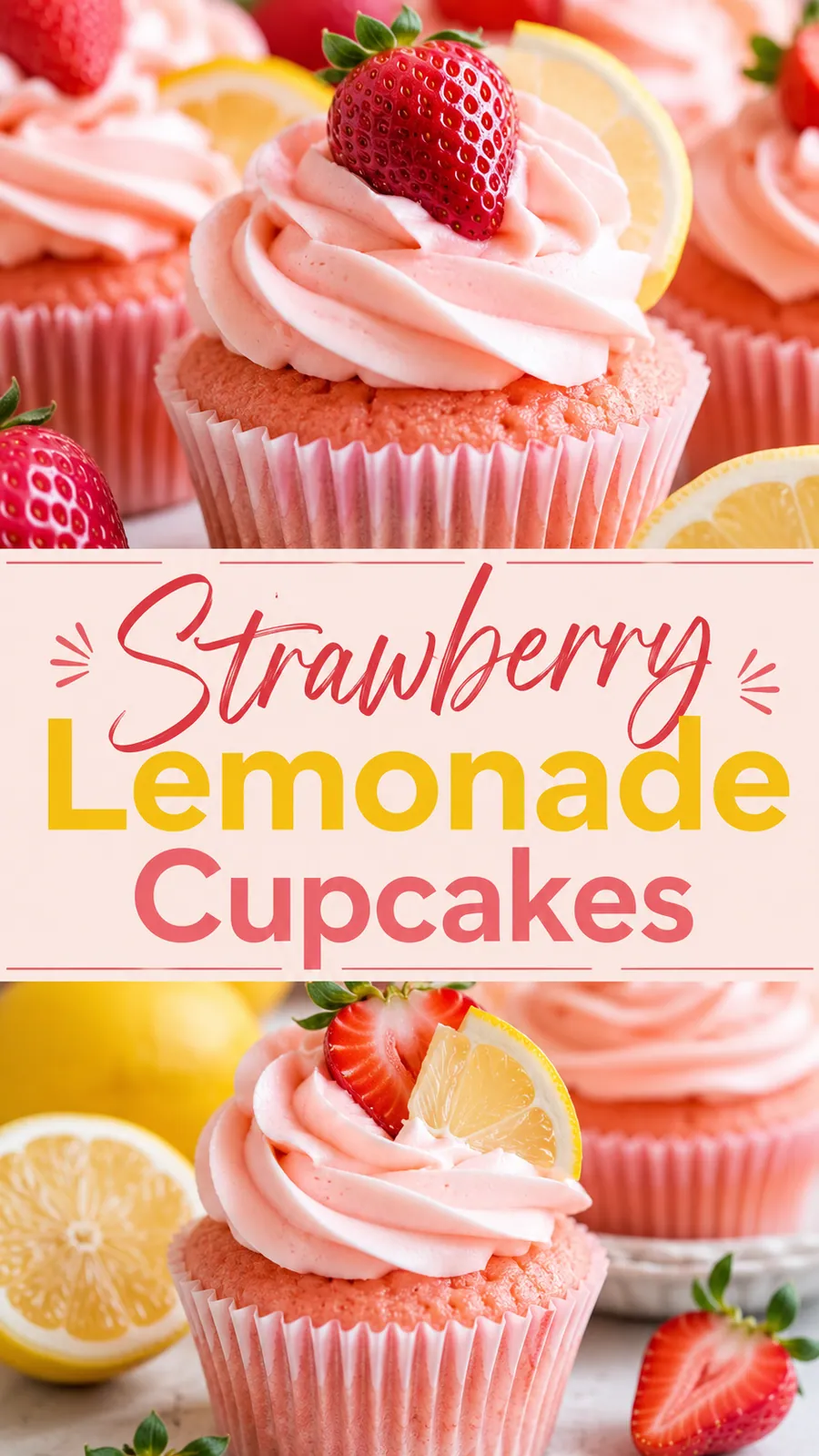 Pinterest image for Strawberry Lemonade Cupcakes Recipe, with two photos of the recipe