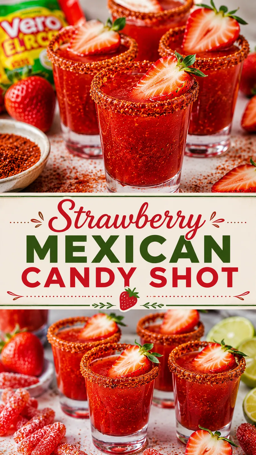 Pinterest image for Strawberry Mexican Candy Shot, with two photos of the recipe