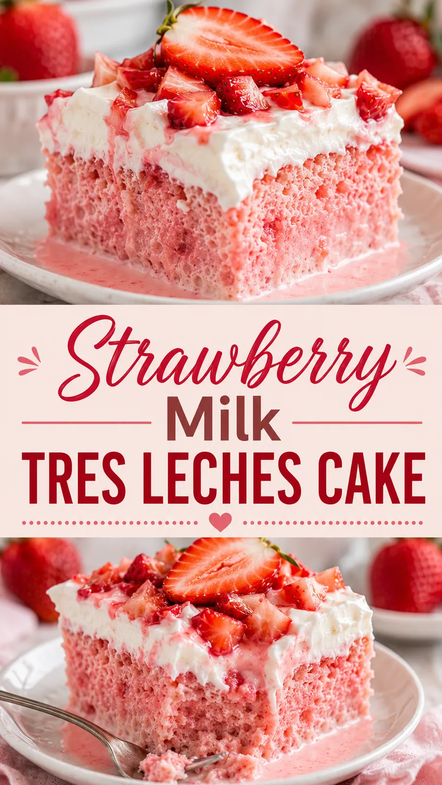 Pinterest image for Strawberry Milk Tres Leches Cake, with two photos of the recipe