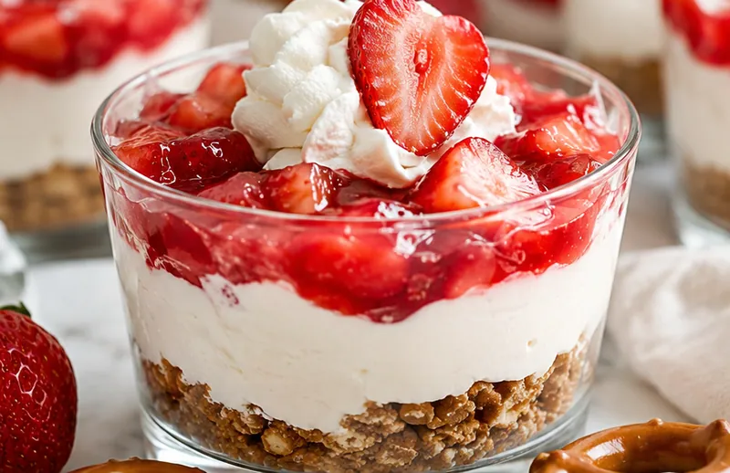Strawberry Pretzel Salad Dessert Cups, ready to serve