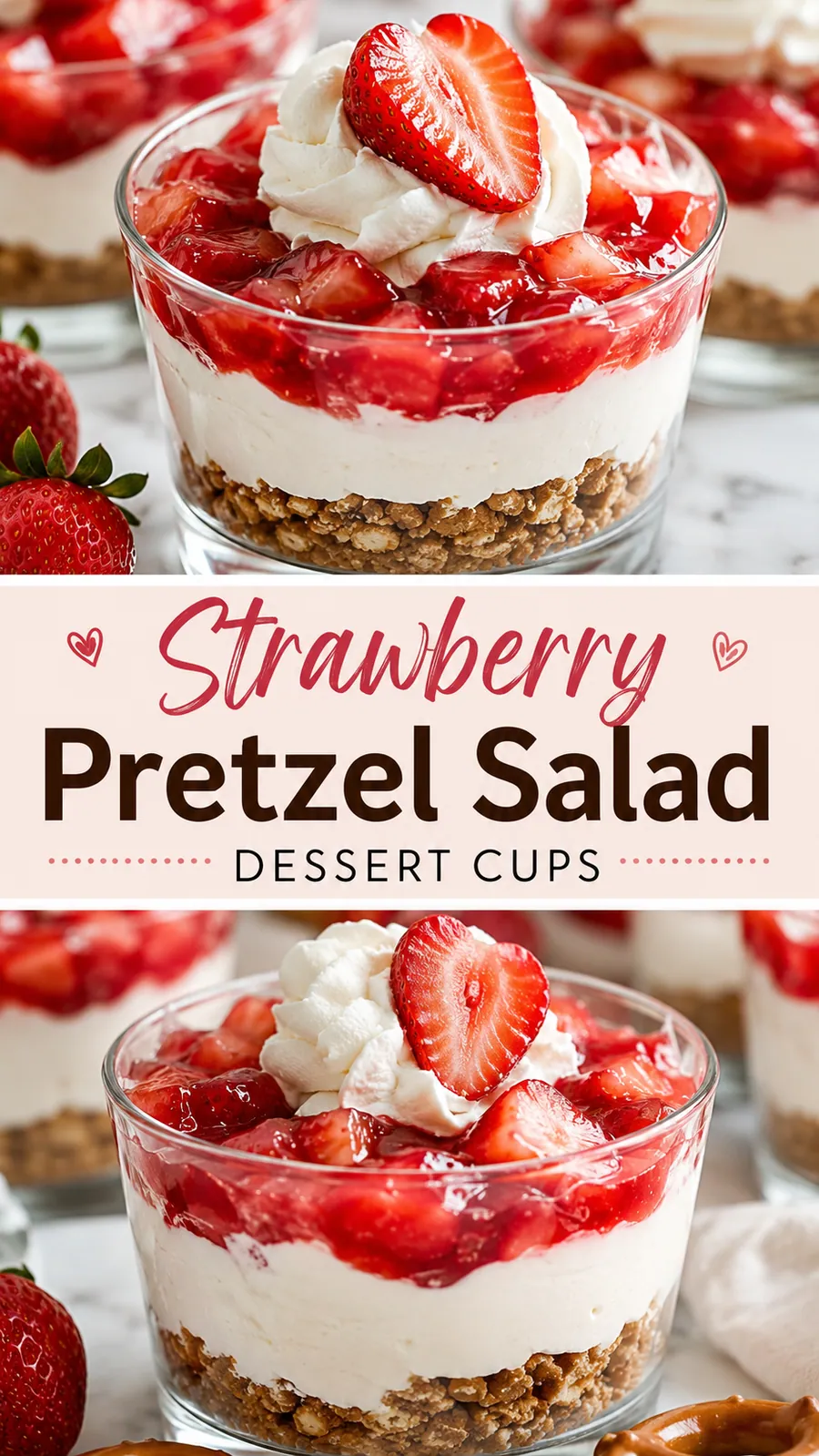 Pinterest image for Strawberry Pretzel Salad Dessert Cups, with two photos of the recipe