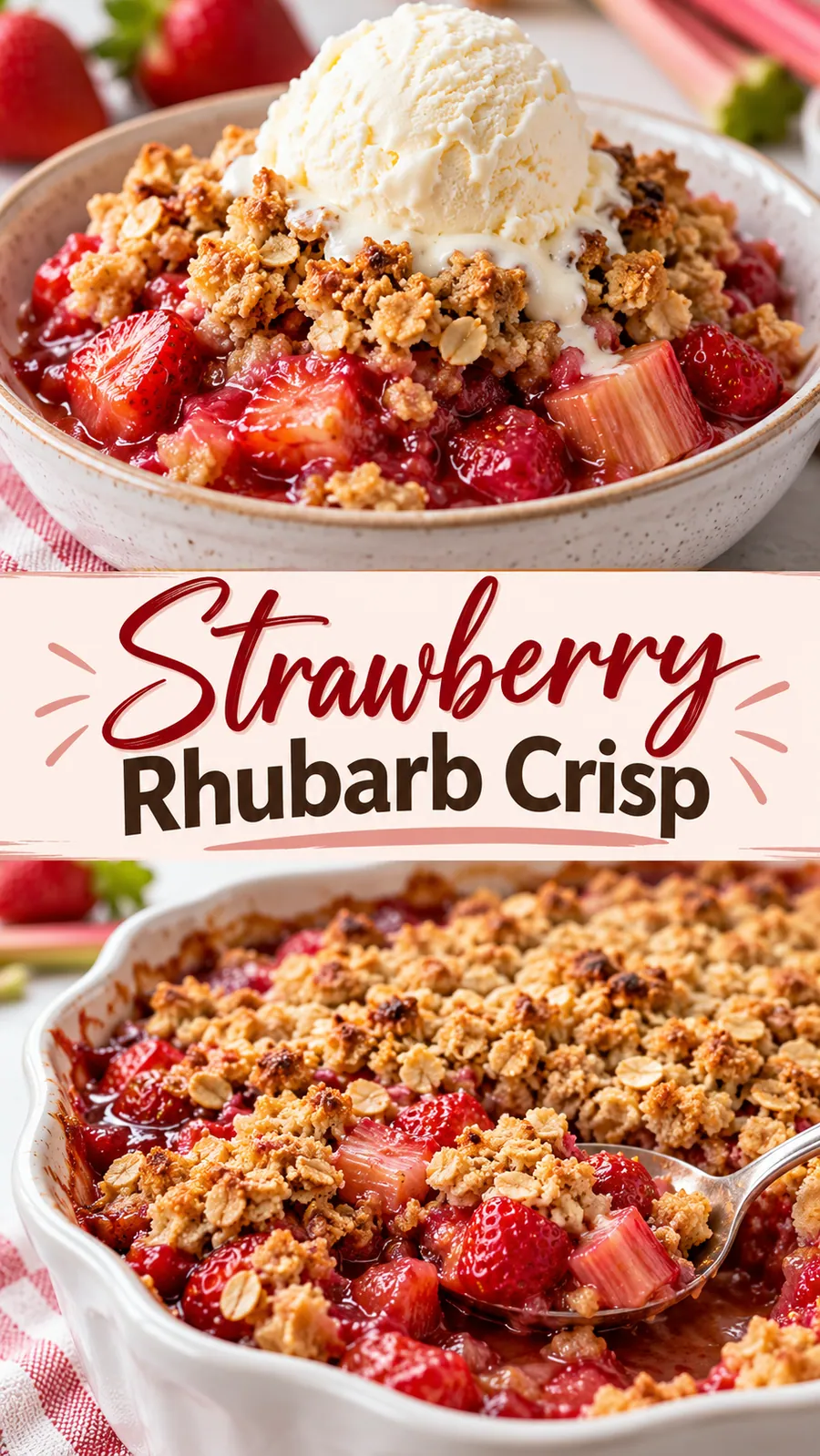 Pinterest image for Strawberry Rhubarb Crisp, with two photos of the recipe