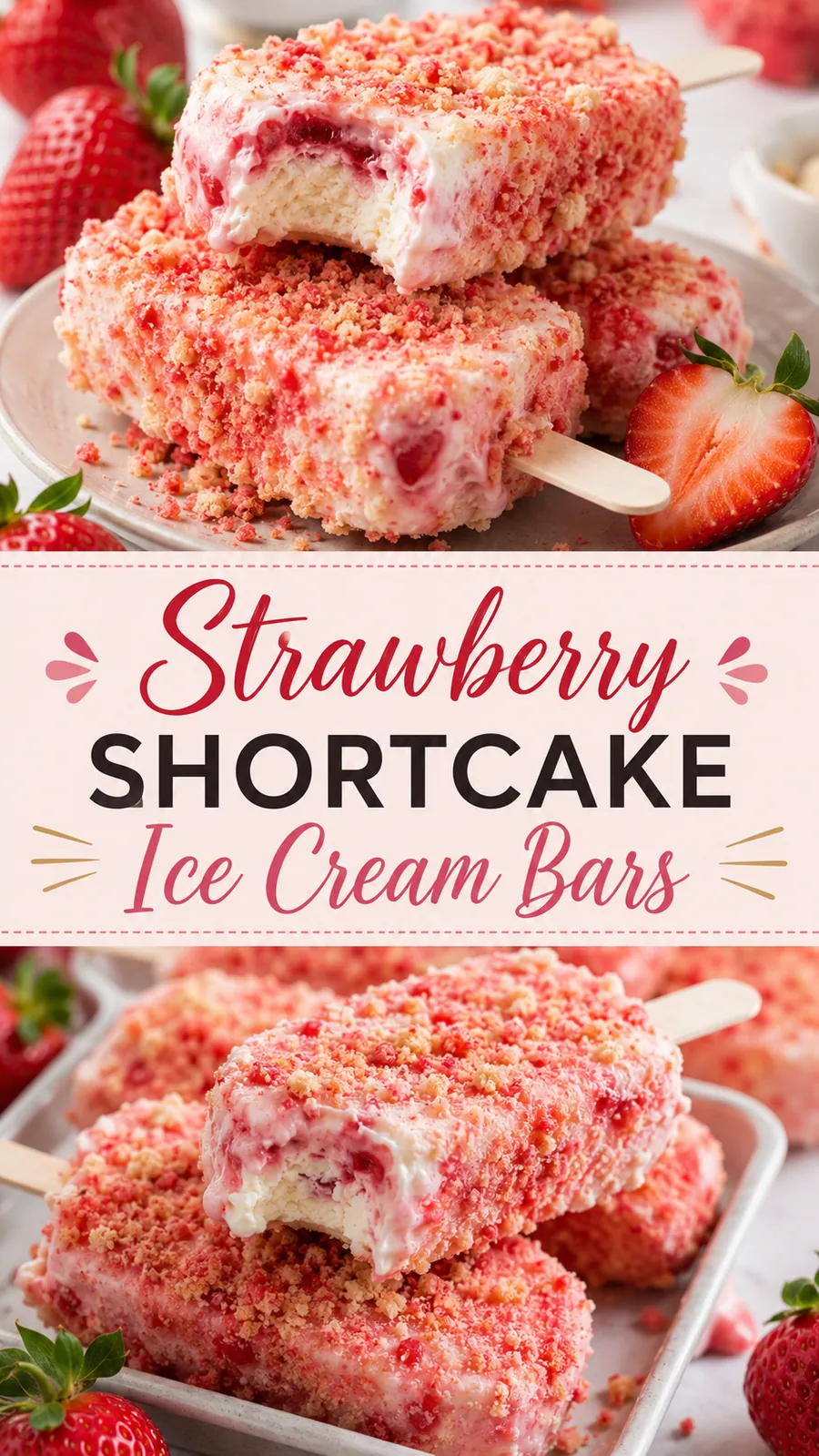 Pinterest image for Strawberry Shortcake Ice Cream Bars, with two photos of the recipe