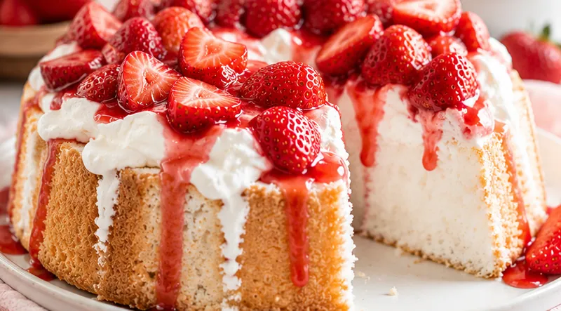 Strawberry Whipped Cream Angel Food Cake, ready to serve