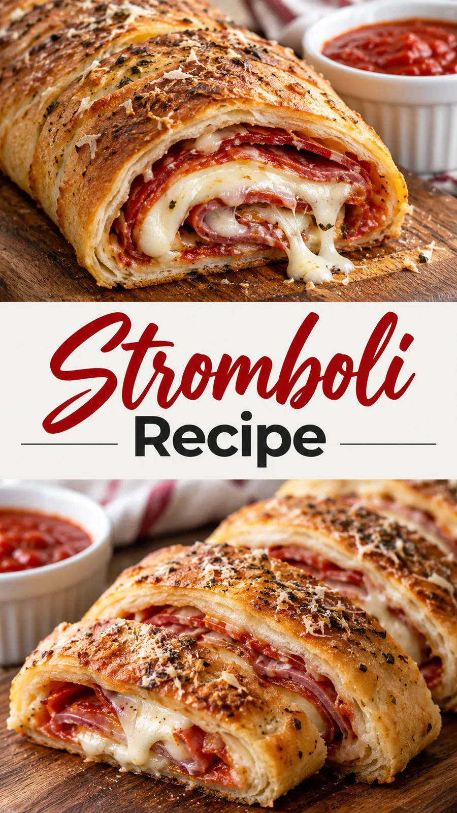 Pinterest image for Stromboli Recipe, with two photos of the recipe