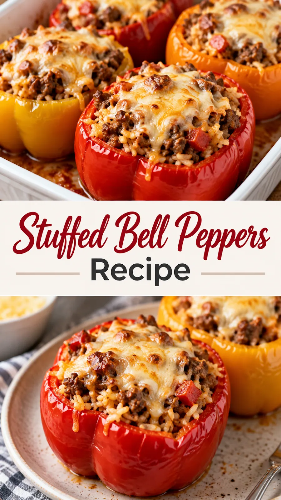 Pinterest image for Stuffed Bell Peppers Recipe, with two photos of the recipe