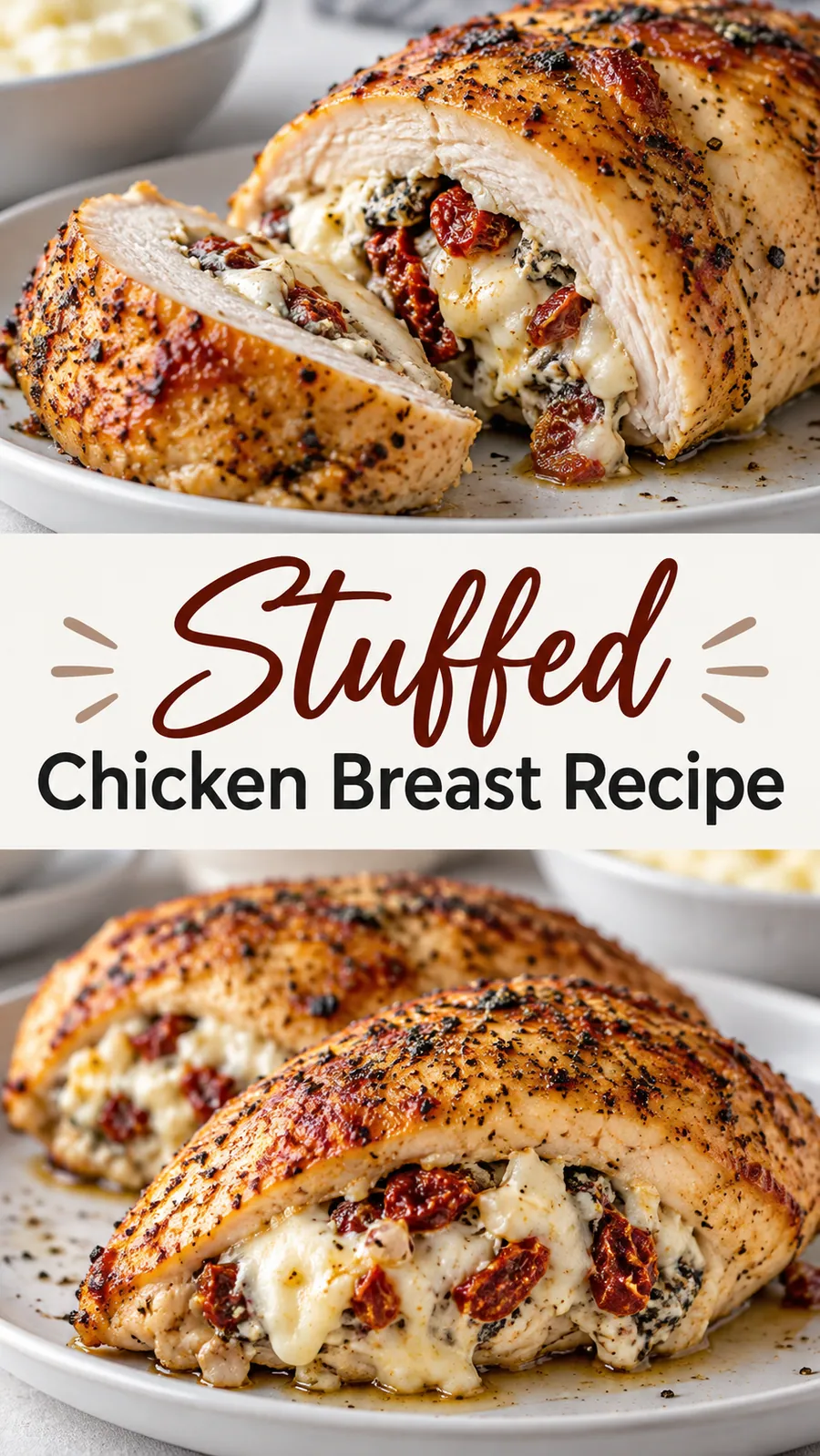 Pinterest image for Stuffed Chicken Breast Recipe, with two photos of the recipe