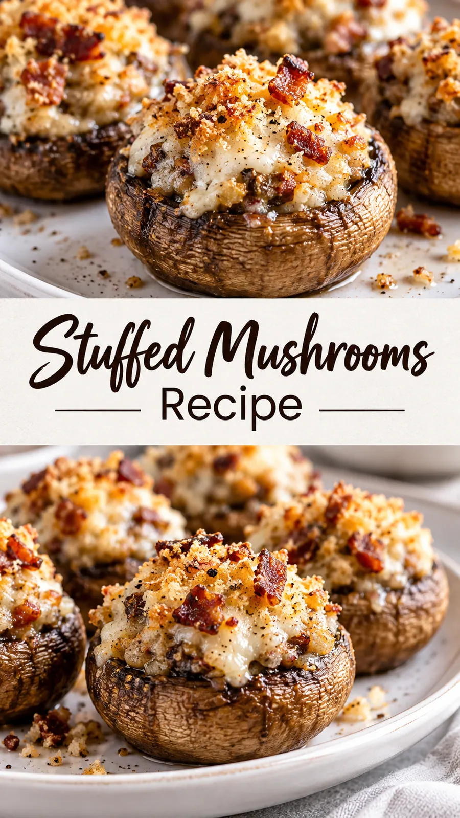 Pinterest image for Stuffed Mushrooms Recipe, with two photos of the recipe