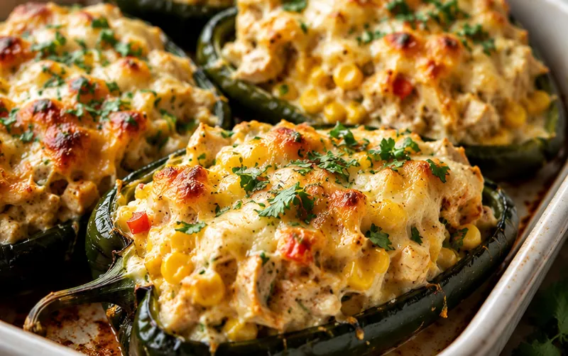 Stuffed Poblano Peppers with Creamy Chicken and Corn, ready to serve