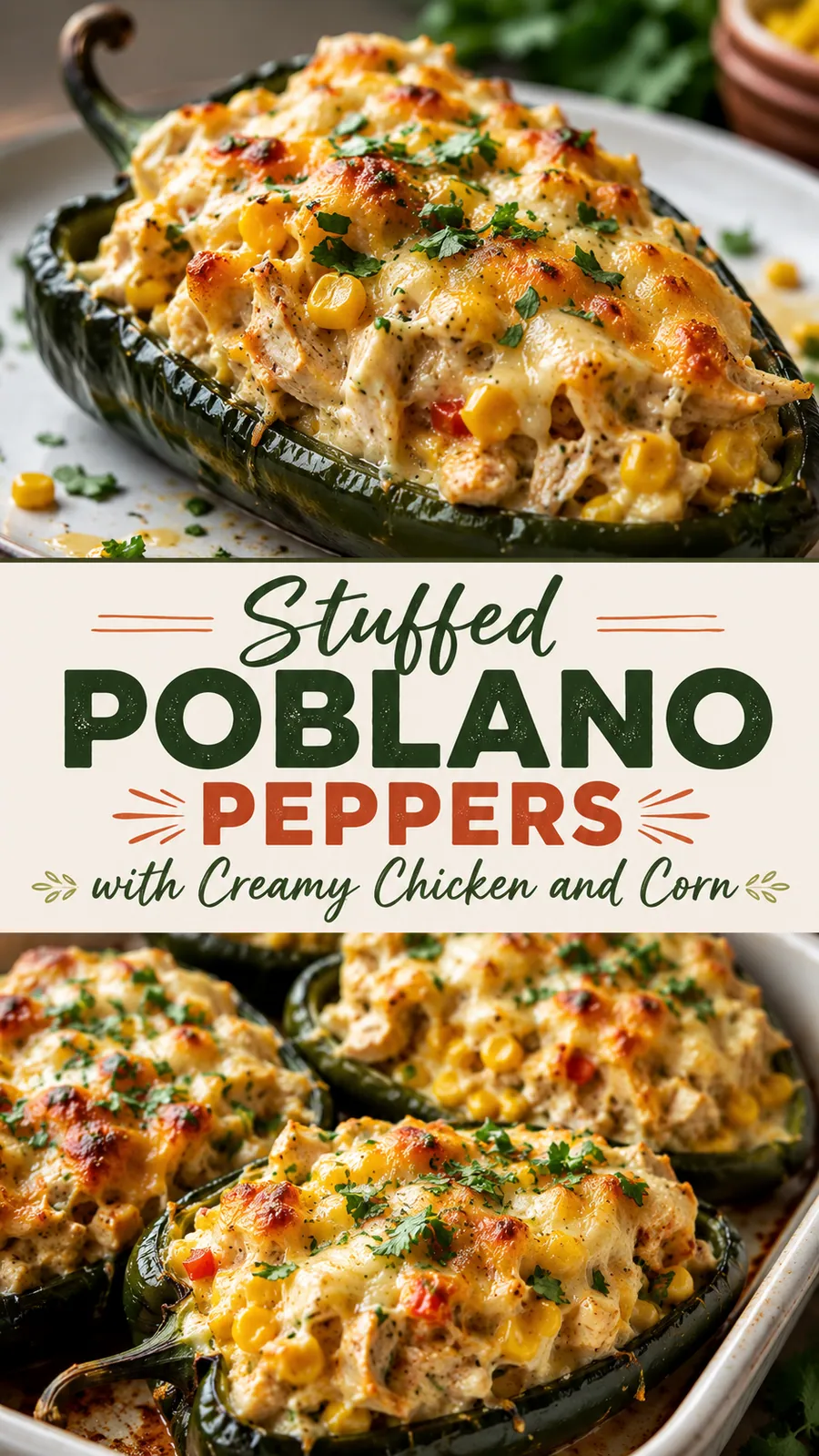 Pinterest image for Stuffed Poblano Peppers With Creamy Chicken And Corn, with two photos of the recipe