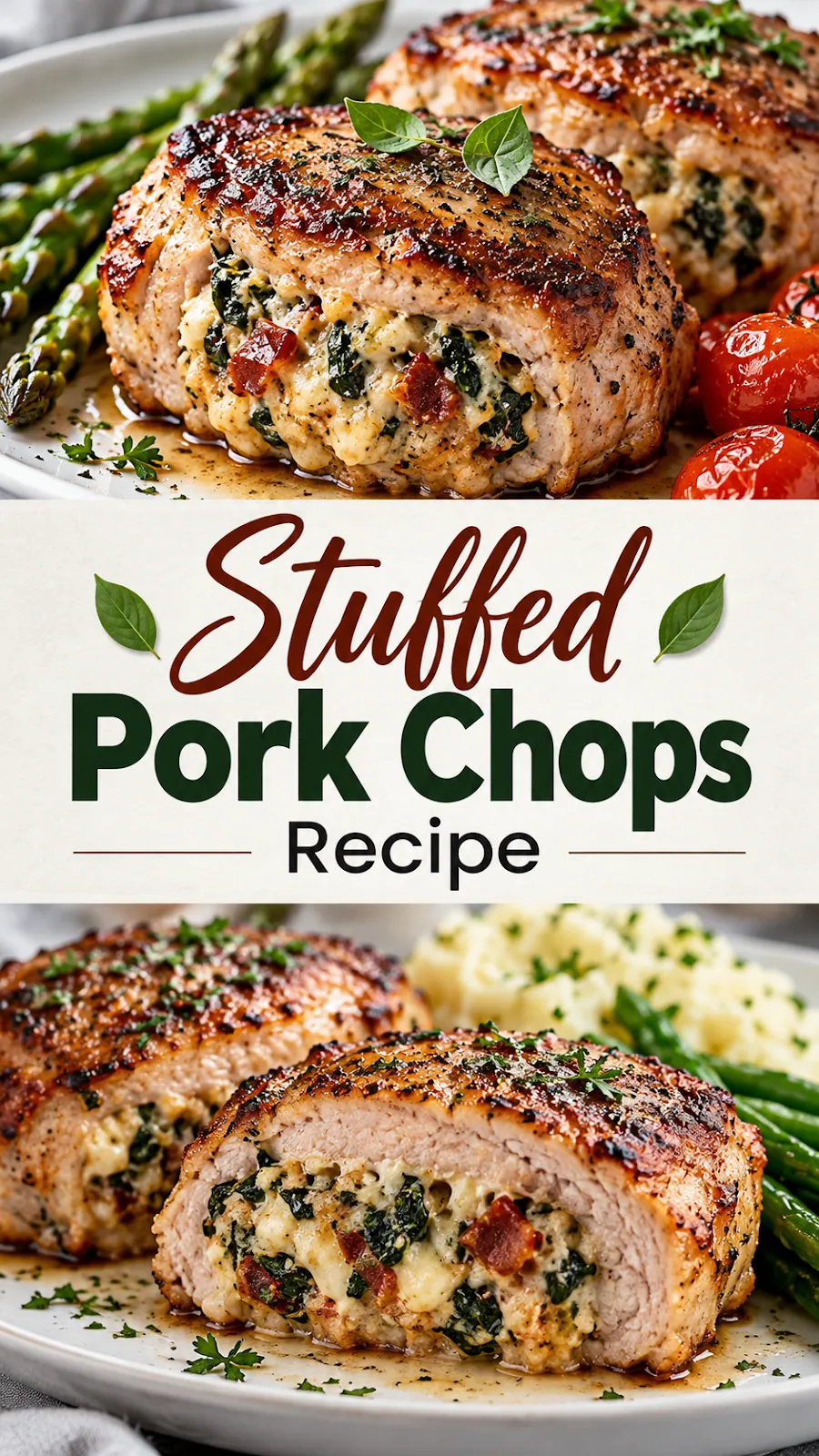 Pinterest image for Stuffed Pork Chops Recipe, with two photos of the recipe