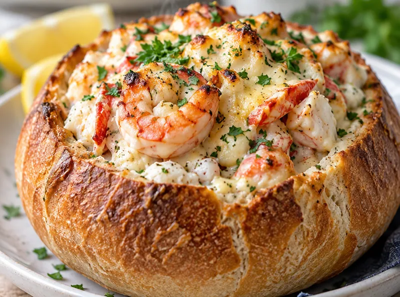 Stuffed Seafood Bread Bowl Recipe, ready to serve