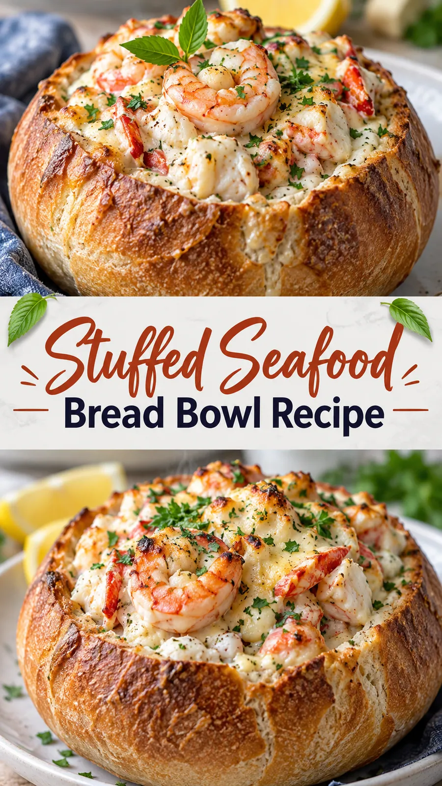 Pinterest image for Stuffed Seafood Bread Bowl Recipe, with two photos of the recipe