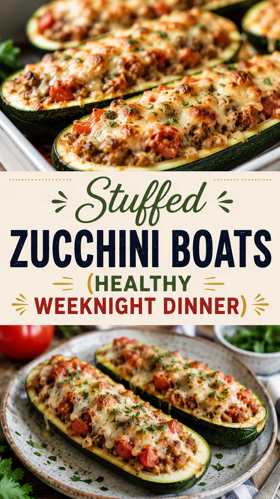Pinterest image for Stuffed Zucchini Boats Healthy Weeknight Dinner, with two photos of the recipe