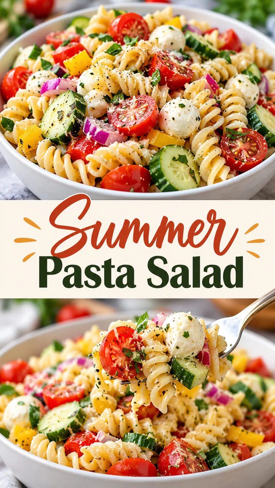 Pinterest image for Summer Pasta Salad, with two photos of the recipe