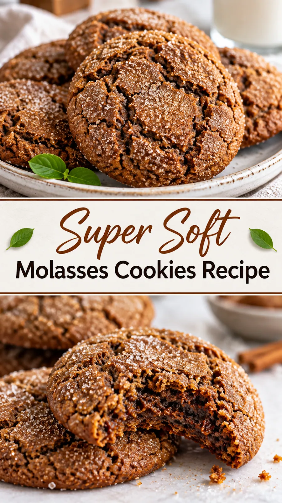 Pinterest image for Super Soft Molasses Cookies Recipe, with two photos of the recipe