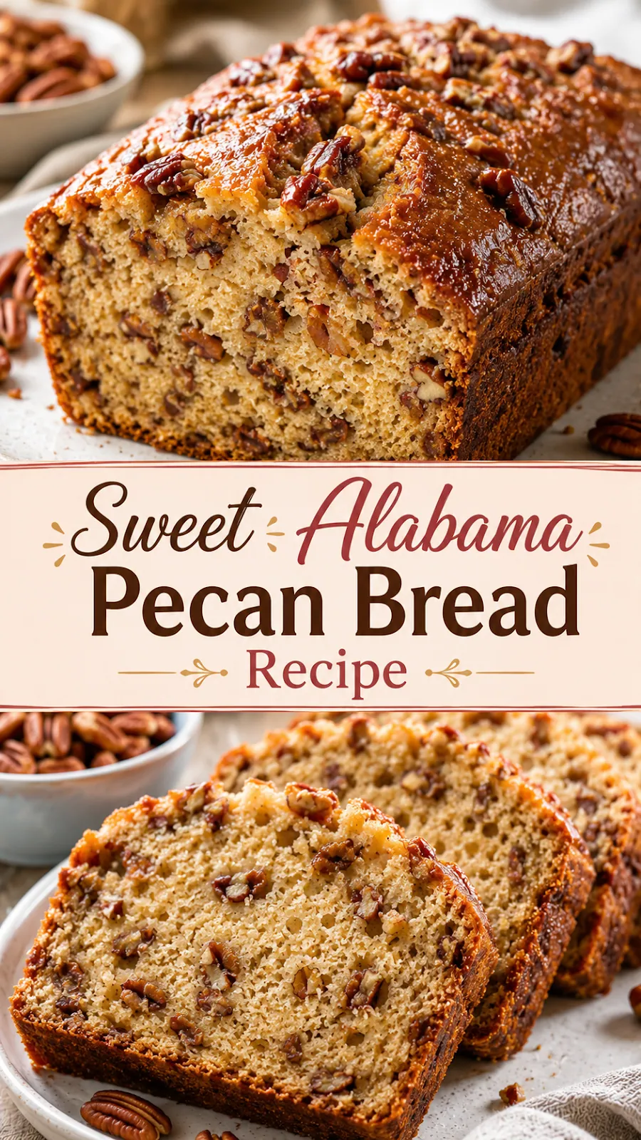 Pinterest image for Sweet Alabama Pecan Bread Recipe, with two photos of the recipe