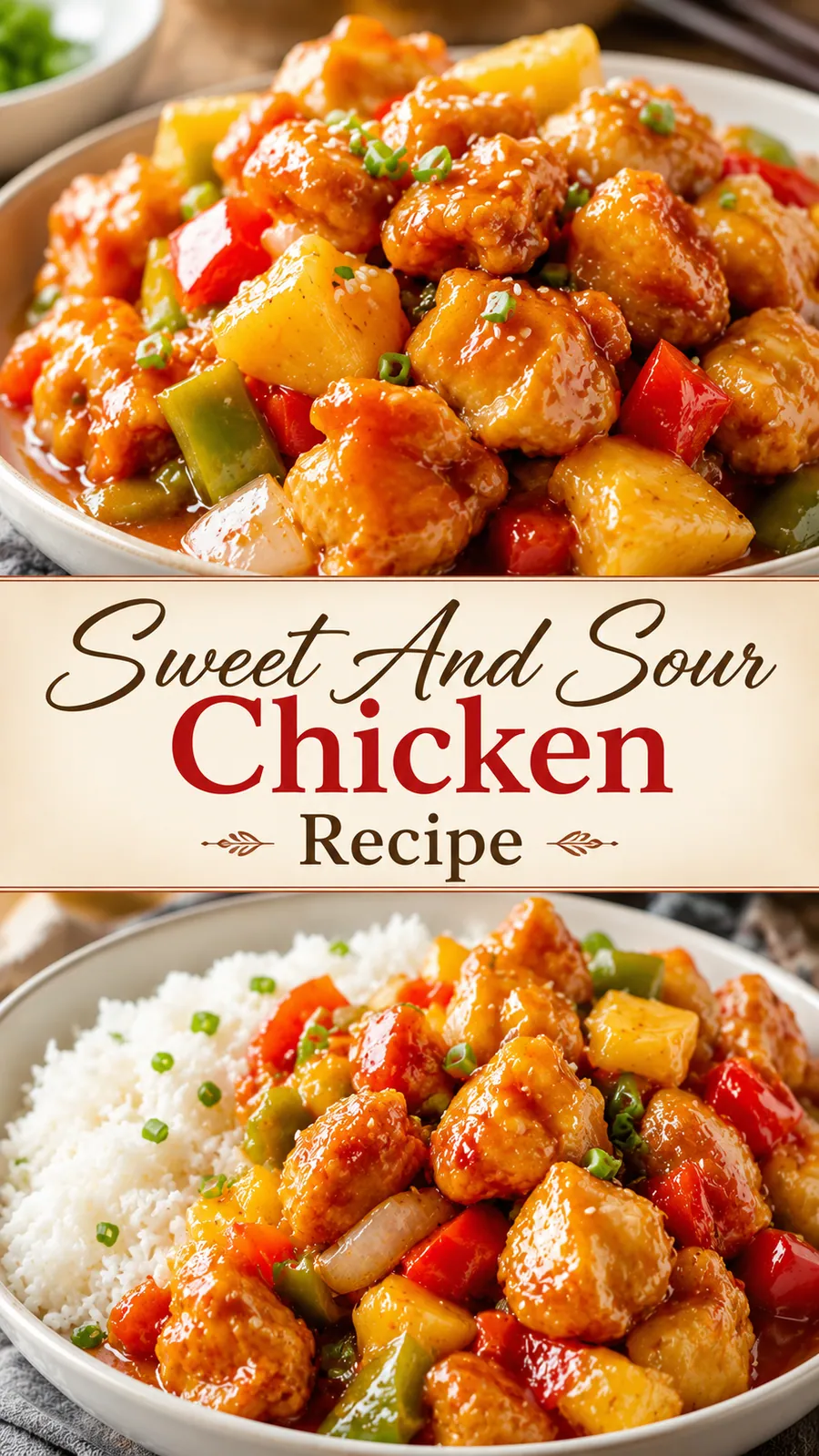 Pinterest image for Sweet And Sour Chicken Recipe, with two photos of the recipe