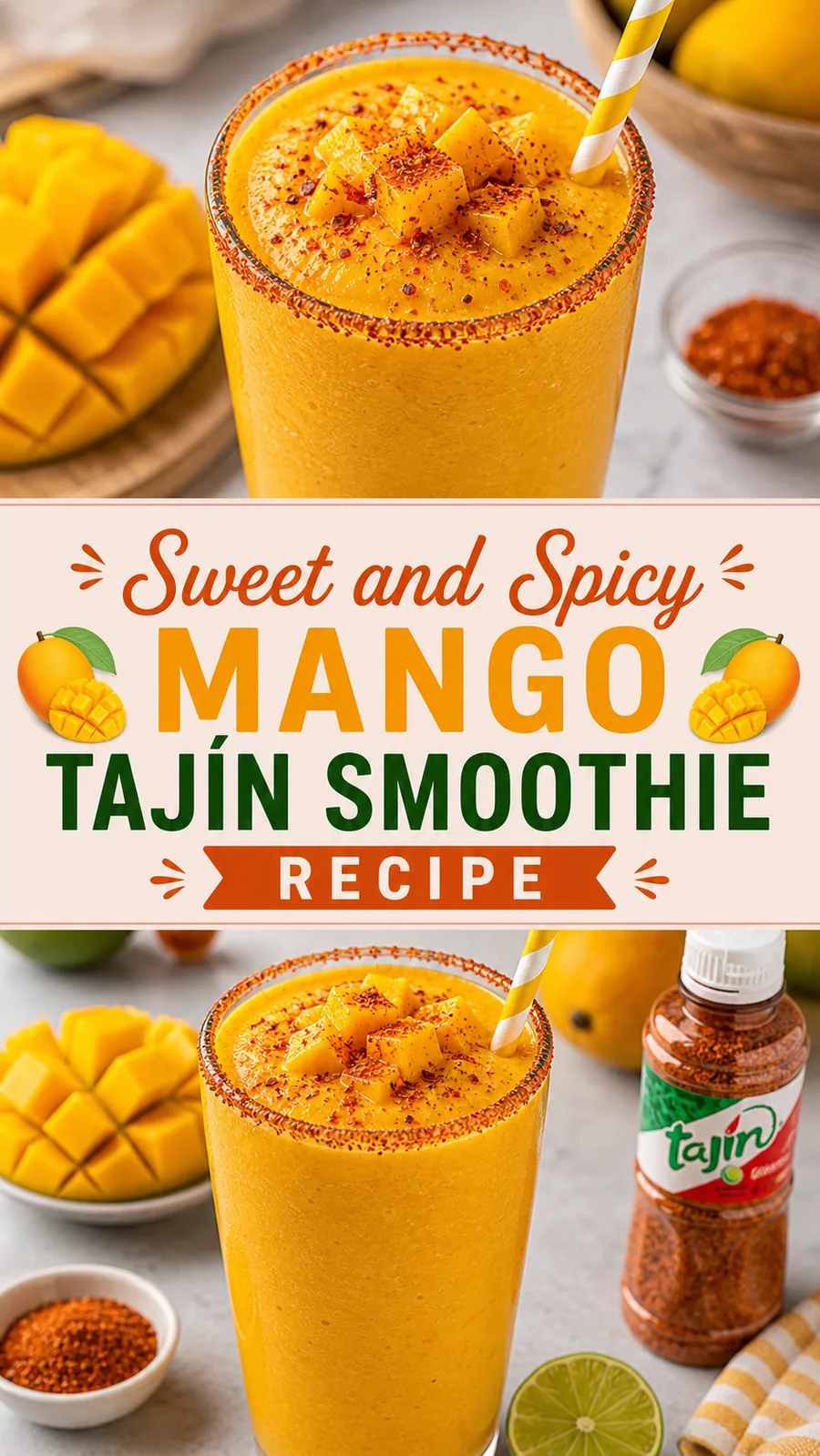 Pinterest image for Sweet and Spicy Mango Tajin Smoothie Recipe, with two photos of the recipe