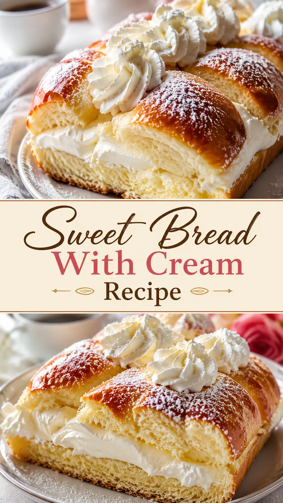 Pinterest image for Sweet Bread With Cream Recipe, with two photos of the recipe