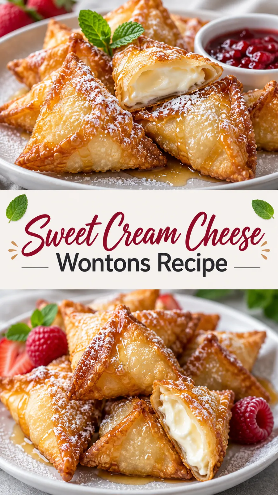 Pinterest image for Sweet Cream Cheese Wontons Recipe, with two photos of the recipe