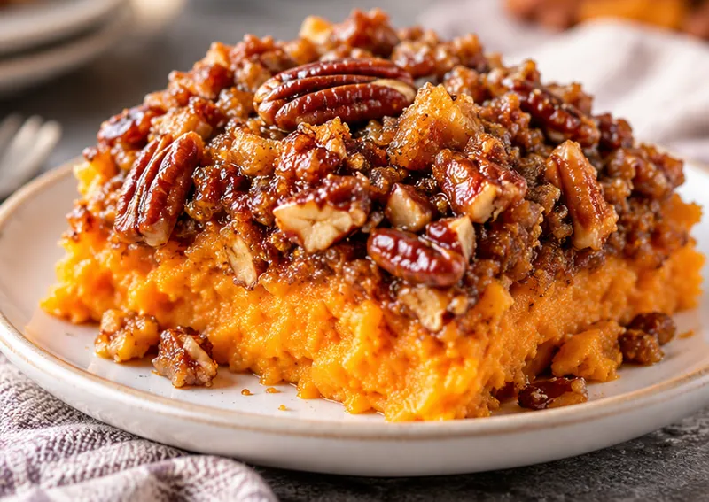 Sweet Potato Casserole with Pecan Topping, ready to serve