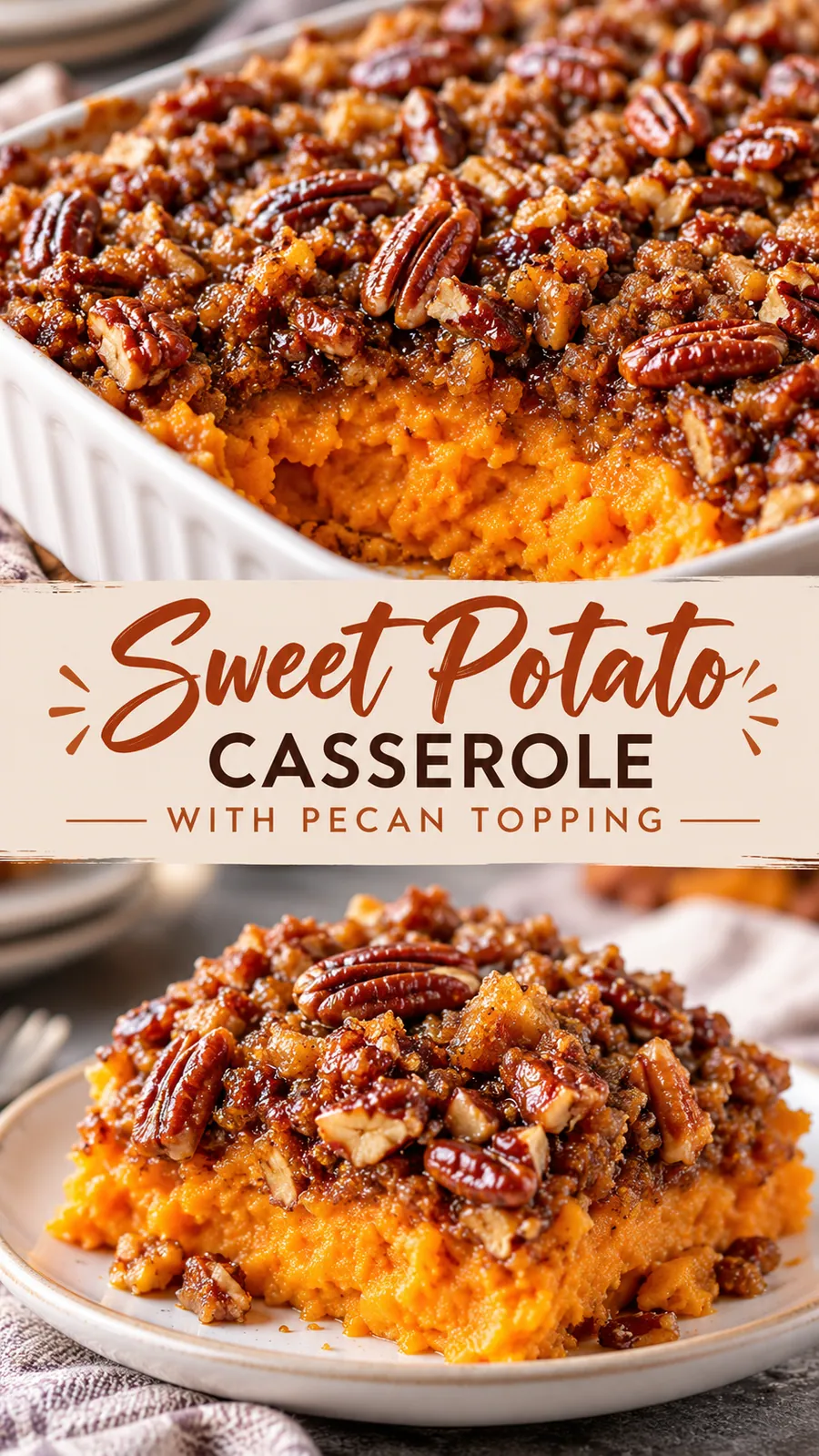 Pinterest image for Sweet Potato Casserole with Pecan Topping, with two photos of the recipe