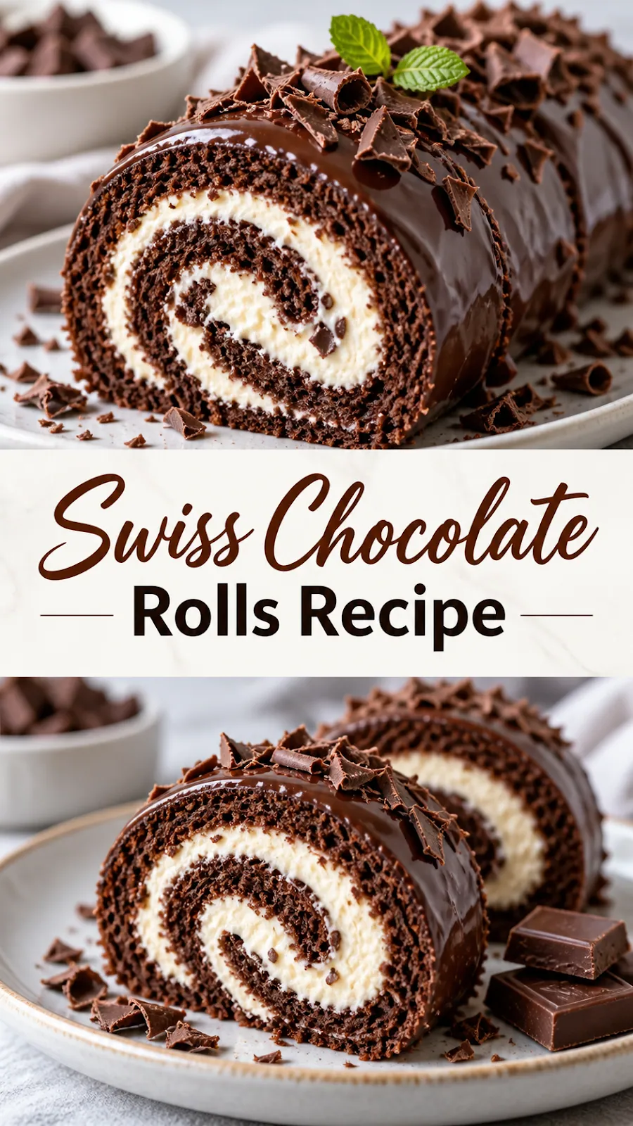 Pinterest image for Swiss Chocolate Rolls Recipe, with two photos of the recipe