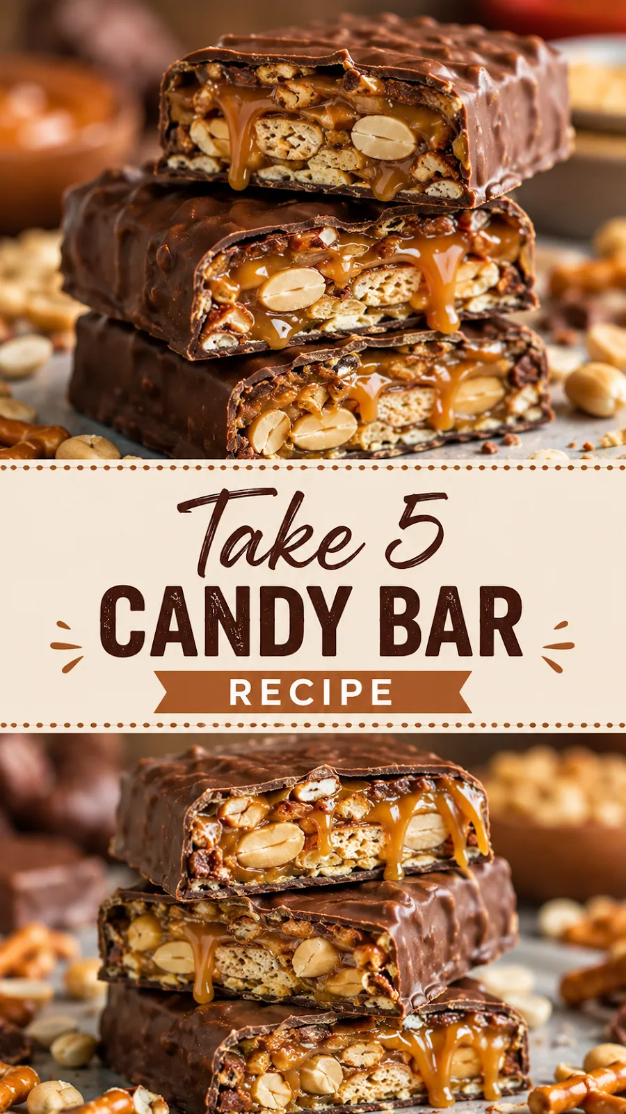 Pinterest image for Take 5 Candy Bar Recipe, with two photos of the recipe